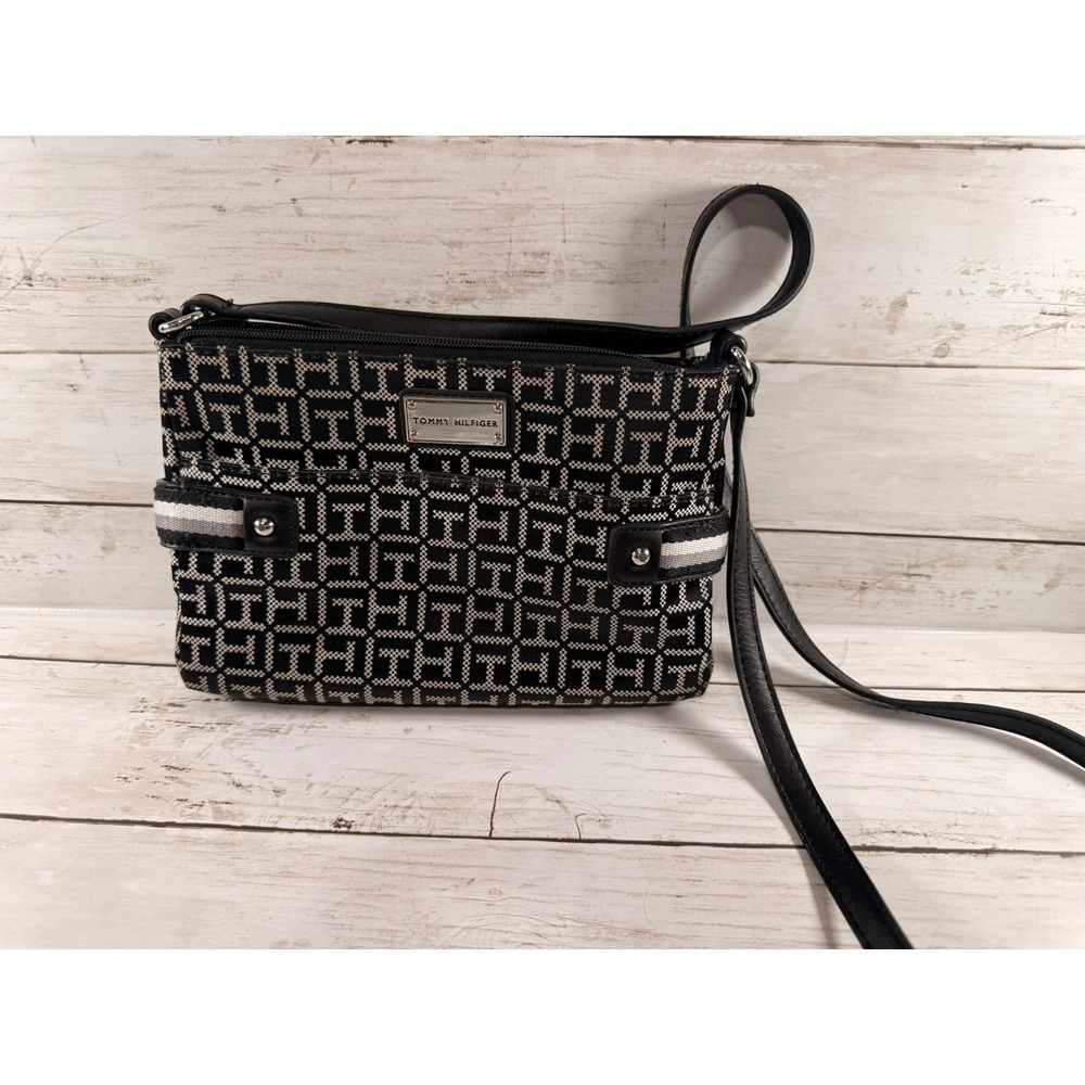 Tommy Hilfiger‎ Monogram Jacquard Crossbody Bag Black White Logo Purse